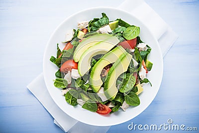 Fresh salad with chicken, tomatoes, spinach and avocado on blue wooden background top view Stock Photo