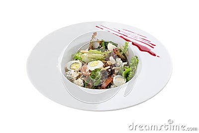 Fresh salad with gorgonzola cheese and egg in white bowl isolated on white background Stock Photo