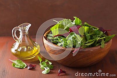 Fresh salad leaves in bowl spinach mangold ruccola Stock Photo