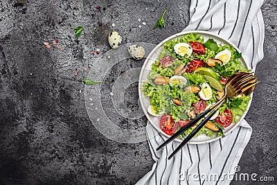Fresh salad with mussels, quail, egg, conjugate, lime, spinach, lettuce, cherry tomatoes and microgreen. Dietary salad. banner, Stock Photo
