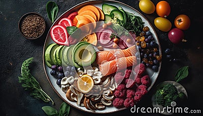 Fresh salad with organic vegetables, avocado, and seafood fillet generated by AI Stock Photo
