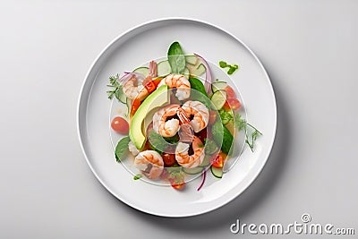 Fresh salad with shrimp, avocado and herbs on a plate. Generative AI Stock Photo