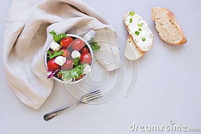 Fresh salad with tomato and ciabatta bread with cream cheese on the gray background Stock Photo