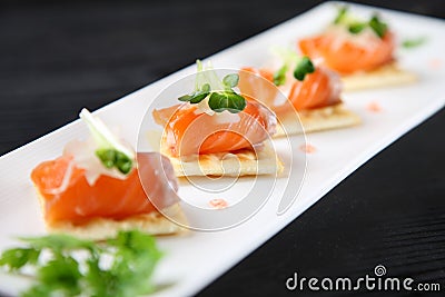 Fresh Salmon Carpaccio on white plate Stock Photo