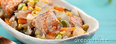 Fresh salmon cube with stir-fried mixed vegetables Stock Photo
