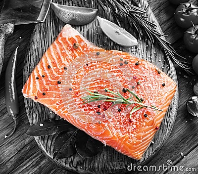 Fresh salmon on the cutting board. Stock Photo