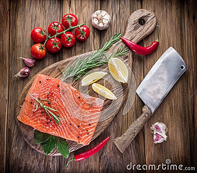 Fresh salmon on the cutting board. Stock Photo