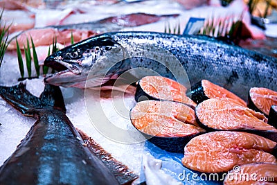 Fresh salmon display on English Market for sale. Cork/Ireland Stock Photo