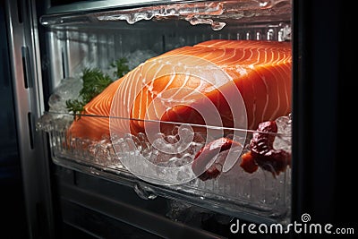 Fresh Salmon Fillet on Ice in Display Refrigerator Stock Photo