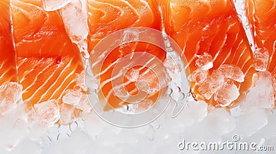 Fresh salmon fillet on ice. Red tasty fish meat. Seafood background. Generative AI Stock Photo