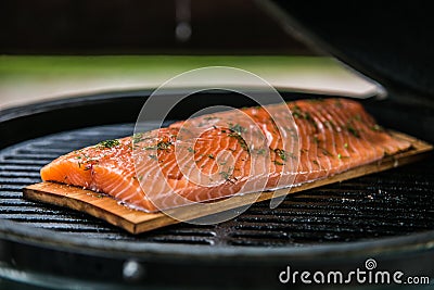 Fresh salmon fillets being cooked on grill Stock Photo