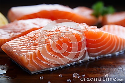 Fresh salmon fillets up close, resting on a wooden tabletop Stock Photo