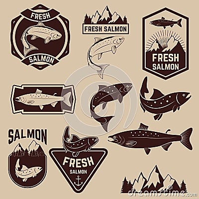 Fresh salmon labels set Vector Illustration