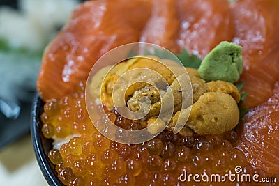 Fresh salmon and sea urchin rice bowl Stock Photo