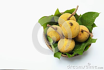 Copy space fresh santol Sandoricum koetjape fruit in a Wicker basket.the famous fruit Thailand and seasonal fruit Stock Photo