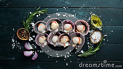 Fresh scallops with spices. Seafood. Top view. Stock Photo