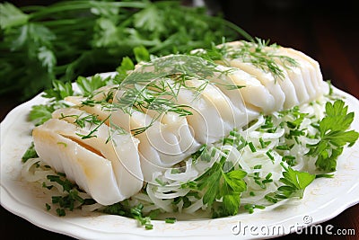 Fresh Sea Bass with Lemon and Green Herbs on Practical Plate. Captivating Delicacy Stock Photo