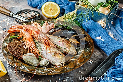 Fresh sea fish, prawns, clams Stock Photo