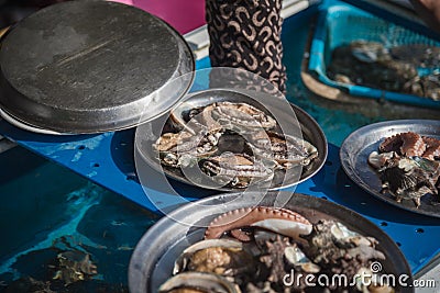 Fresh sea-shells, abalone, and other fresh seafood collected by Haenyeo female divers; UNESCO Intangible Cultural Heritage list, Stock Photo