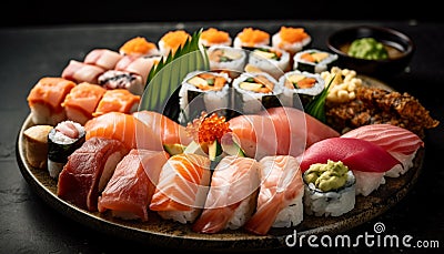 Fresh seafood collection, sushi plate with variety generated by AI Stock Photo