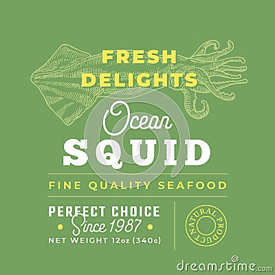 Fresh Seafood Delights Premium Quality Label. Abstract Vector Packaging Design Layout. Retro Typography with Borders and Vector Illustration