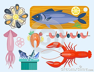 Fresh seafood flat vector illustration fish gourmet delicious restaurant cooking gourmet sea food meal. Vector Illustration