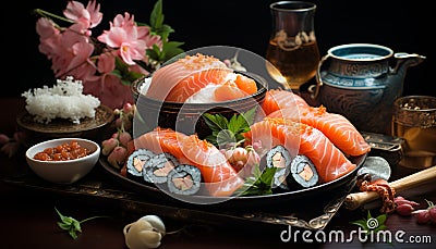 Fresh seafood, gourmet meal, sashimi plate, nigiri rice, Japanese culture generated by AI Stock Photo