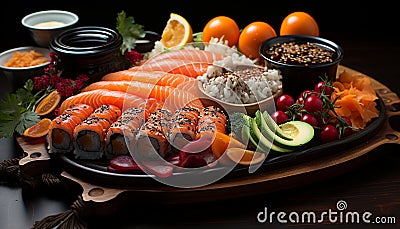 Fresh seafood meal, gourmet plate with rice, healthy eating variation generated by AI Stock Photo