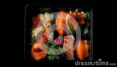 Fresh seafood meal, sushi plate with healthy rice generated by AI Stock Photo