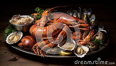 Fresh seafood plate grilled lobster, steamed crab, and boiled prawn generated by AI Stock Photo