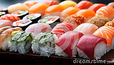 Fresh seafood plate, sushi rolls, healthy Japanese meal generated by AI Stock Photo