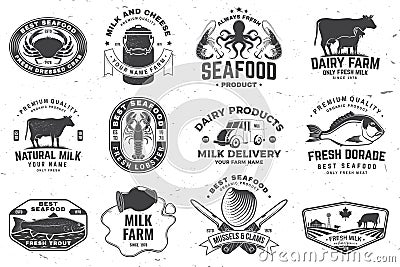 Fresh seafood and rustic milk badge, logo. Vector. Typography design with octopus, shrimp, crab, lobster, dorade, trout Vector Illustration