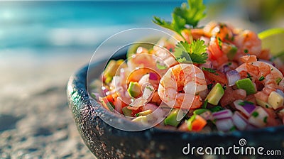 Fresh Shrimp Ceviche Bowl Beachside Stock Photo