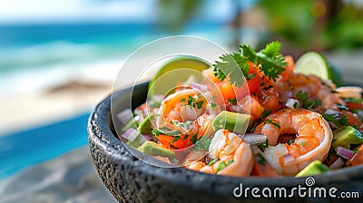 Fresh Shrimp Ceviche Bowl Beachside Stock Photo