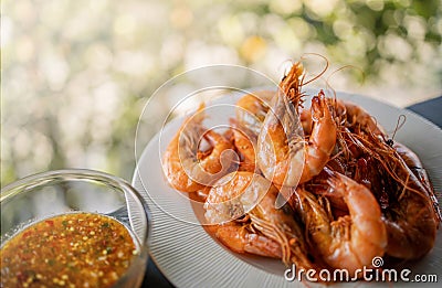 Fresh Shrimp in the Pan. Cooking Thai Steamed Prawn Food Stock Photo