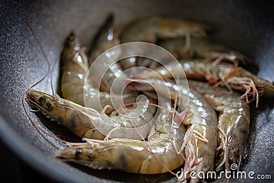 Fresh Shrimp in the Pan. Cooking Thai Food Stock Photo