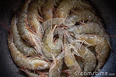 Fresh Shrimp in the Pan. Cooking Thai Food. Steaming Prawn Stock Photo