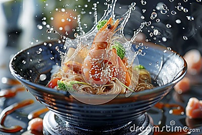 Fresh Shrimp Stir Fry in Action Shot with Water Splashing and Vegetables in a Bowl Stock Photo