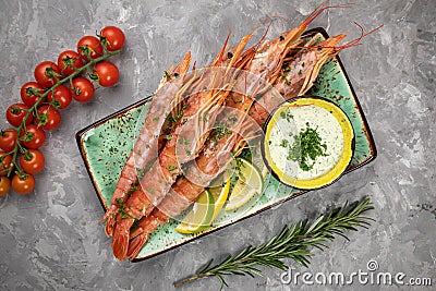 fresh shrimps and tomato wedges served with a lemon sauce Stock Photo