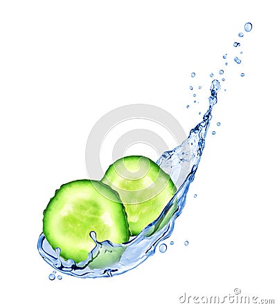 Fresh slices of cucumber with water splashes isolated on white Stock Photo