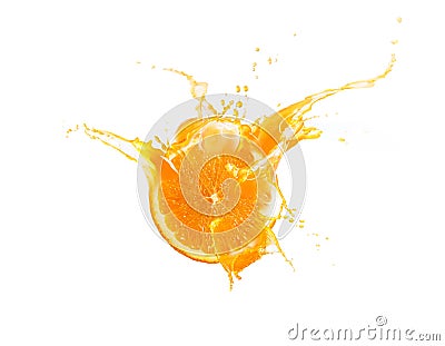 Fresh slide half of ripe orange fruit with orange juice splash water isolated on white background Stock Photo