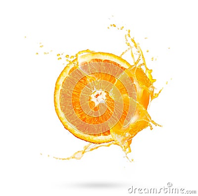 Fresh slide half of ripe orange fruit with orange juice splash w Stock Photo
