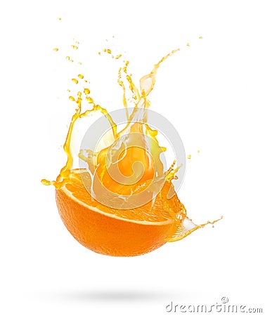 Fresh slide half of ripe orange fruit with orange juice splash w Stock Photo