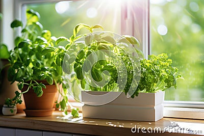 A fresh small culinary herb garden on a sunny windowsill in the kitchen. Generative AI Cartoon Illustration