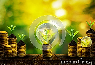 Fresh small tree growth on gold coins with abstract blurred fresh green nature background Stock Photo