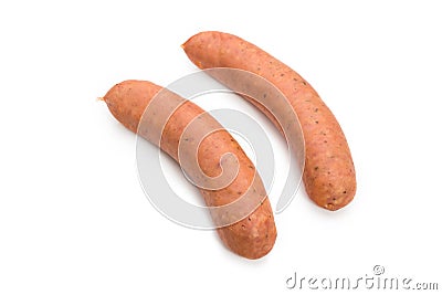Fresh smoked sausages or bratwurst on white background. Stock Photo