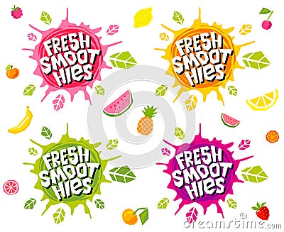 Fresh smoothies logo emblem bright splash shiny stickers, organic emblems banners labels , fruits vegetables fresh juice. Vector Illustration