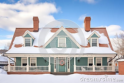 fresh snow on the roof of a colonial revival house with dormers Stock Photo