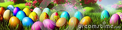 Fresh spring background with easter eggs banner green juicy meadow. Colored Easter eggs hidden Stock Photo