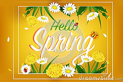 Fresh spring background with grass, dandelions and daisies. Design banner with spring is here logo. Card for spring season. Design Vector Illustration